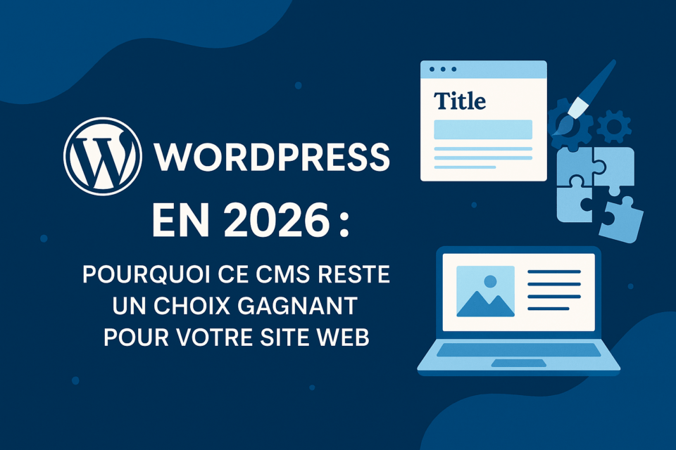 Illustration numérique en format paysage présentant le logo WordPress, des icônes de création de site et l’intitulé “WordPress en 2026 : pourquoi ce CMS reste un choix gagnant pour votre site web”, destinée à accompagner un article sur les atouts de WordPress.